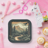 ウッドカット素朴マウンテンフォレストランドスケープキャンプ ペーパープレート (パーティー)