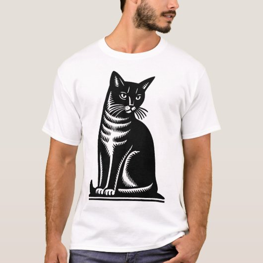 ウッドカット風の猫のイラスト Tシャツ (正面)