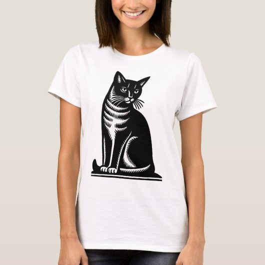 ウッドカット風の猫のイラスト Tシャツ (正面)