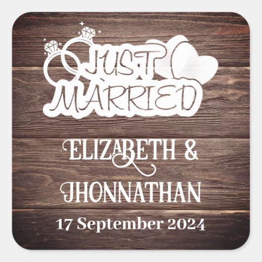 ウッドカントリー素朴ウェディングホワイトたった今結婚しました スクエアシール (正面)