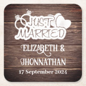 ウッドカントリー素朴ウェディングホワイトたった今結婚しました スクエアペーパーコースター (正面)