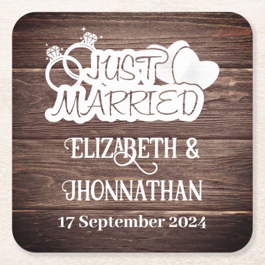 ウッドカントリー素朴ウェディングホワイトたった今結婚しました スクエアペーパーコースター (正面)