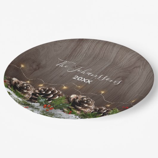ウッドカントリー素朴パインズライト&スノークリスマス ペーパープレート (アングル)