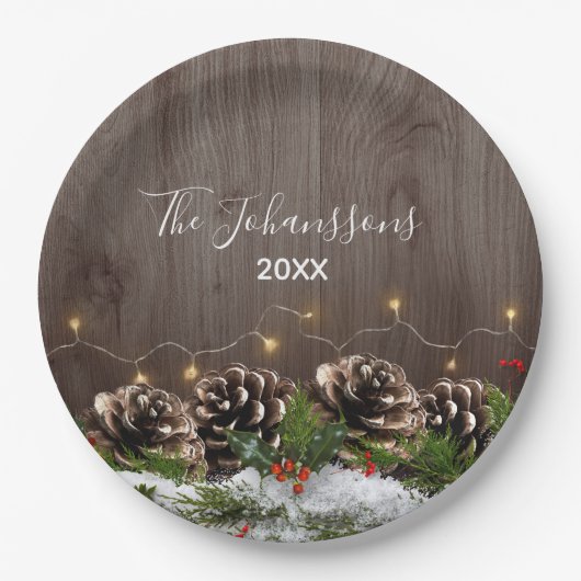 ウッドカントリー素朴パインズライト&スノークリスマス ペーパープレート (正面)