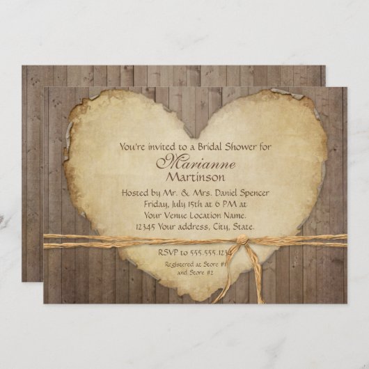 ウッドカントリー素朴ファームハートブライダルシャワー 招待状 (正面/裏面)