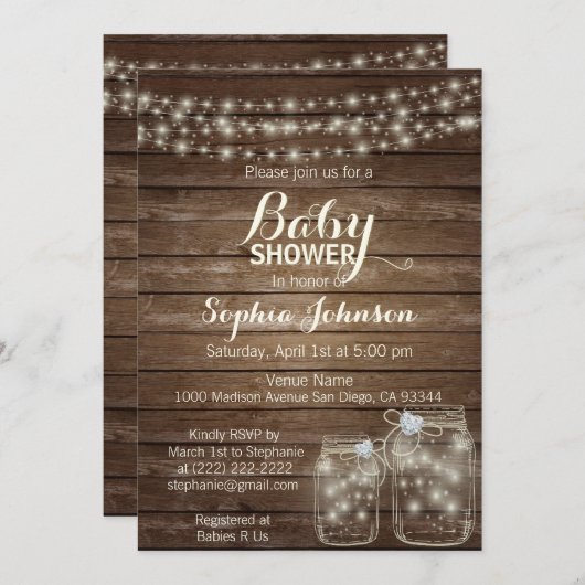 ウッドカントリー素朴メイソンジャースベビーシャワー 招待状 (正面/裏面)