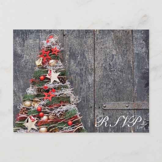 ウッドカン素朴トリークリスマスツリーレッド金ゴールド インビテーションポストカード (正面)