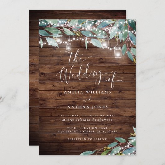 ウッドガーデン素朴ストリングライツ結婚ズ 招待状 (正面/裏面)