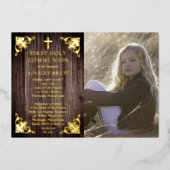 ウッドガール素朴フォトファースト聖餐式 – 金ゴールド 箔招待状 (正面)