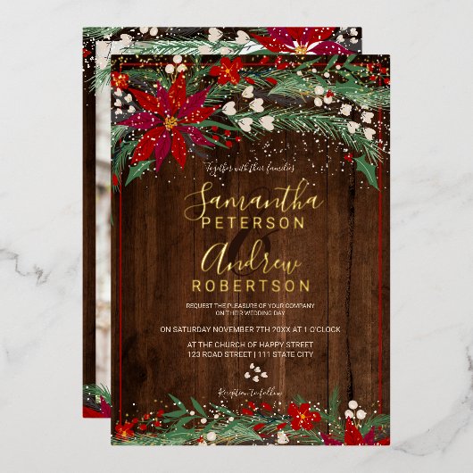 ウッドクリスマスフローラリース雪結婚写真 箔招待状 (正面/裏面)