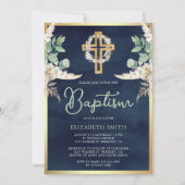 ウッドクロスパンパスユーカリプトゥスネイビー金ゴールドバプテスマ 招待状 (正面)