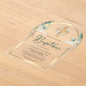 ウッドクロスパンパスユーカリプトゥス金ゴールドアーチバプテスマ アクリル招待状 (レイダウン)