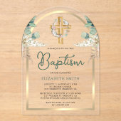 ウッドクロスパンパスユーカリプトゥス金ゴールドアーチバプテスマ アクリル招待状 (正面)