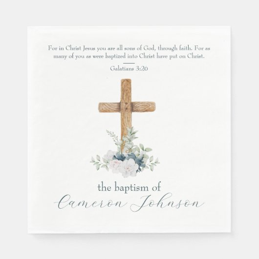 ウッドクロスホワイト&ブルーバプテスマ聖句 スタンダードランチョンナプキン (正面)