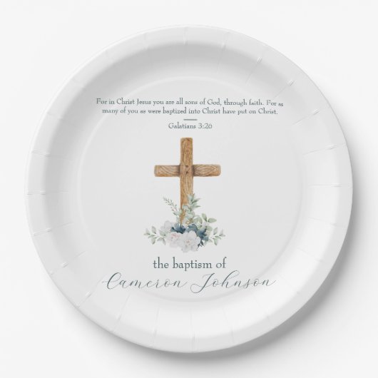 ウッドクロスホワイト&ブルーバプテスマ聖句 ペーパープレート (正面)