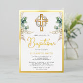 ウッドクロスボーホパンパスユーカリプタスバプテスバプテスマ金ゴールド 箔招待状 (立ち正面)