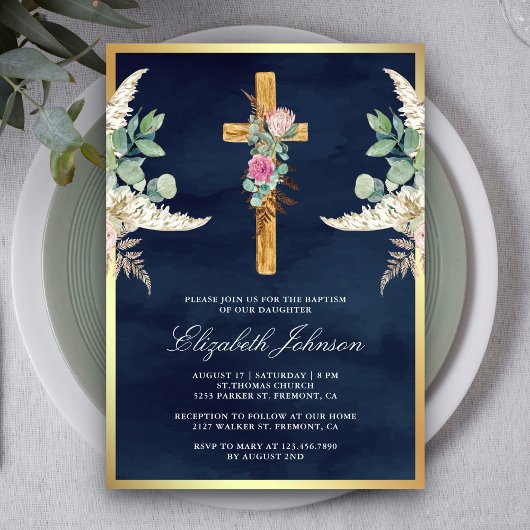 ウッドクロス素朴パンパスユーカリプトゥスネイビーバプテスマ 招待状