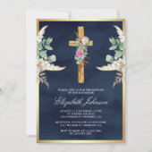 ウッドクロス素朴パンパスユーカリプトゥスネイビーバプテスマ 招待状 (正面)