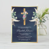 ウッドクロス素朴パンパスユーカリプトゥスネイビーバプテスマ 招待状 (スタンド正面)