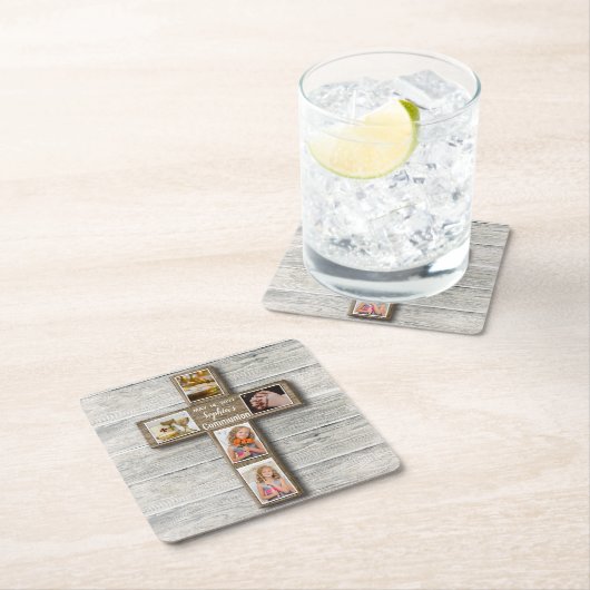 ウッドクロス素朴ファースト・ホーリー・コミュニオンフォト スクエアペーパーコースター (インサイチュ)