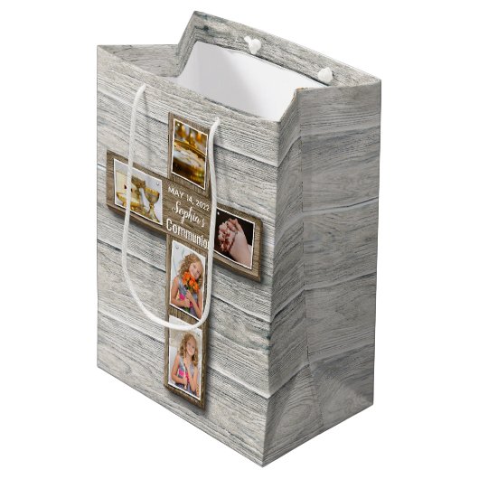 ウッドクロス素朴ファースト・ホーリー・コミュニオンフォト ミディアムペーパーバッグ (正面アングル)