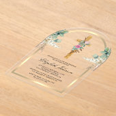 ウッドクロス金ゴールドアーチパンパスユーカリプタスバプテスマ アクリル招待状 (レイダウン)