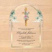 ウッドクロス金ゴールドアーチパンパスユーカリプタスバプテスマ アクリル招待状 (正面)