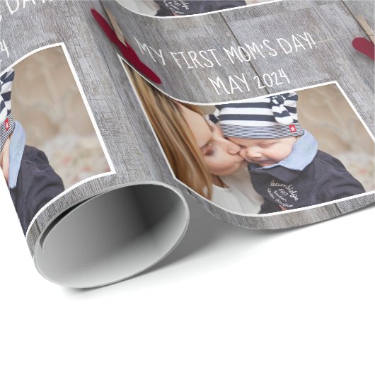 ウッドクール探し赤いハートファースト・ママの日写真 ラッピングペーパー (ロールコーナー)