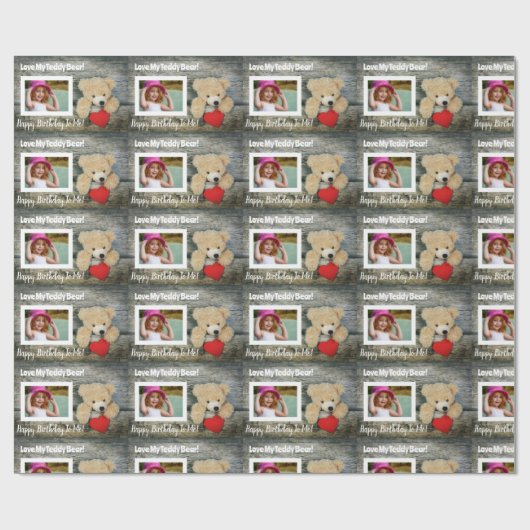ウッドクール赤いハートテディベア誕生日写真 ラッピングペーパー (フラット)