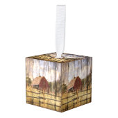 ウッドグレイン西部の田舎の赤結婚納屋 キューブオーナメント (正面アングル)