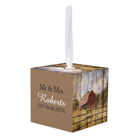 ウッドグレイン西部の田舎の赤結婚納屋 キューブオーナメント (裏面アングル)