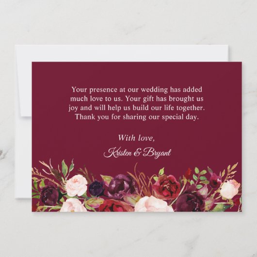 ウッドグレン素朴バーガンディ赤面フローラ結婚ズ サンキューカード (裏面)