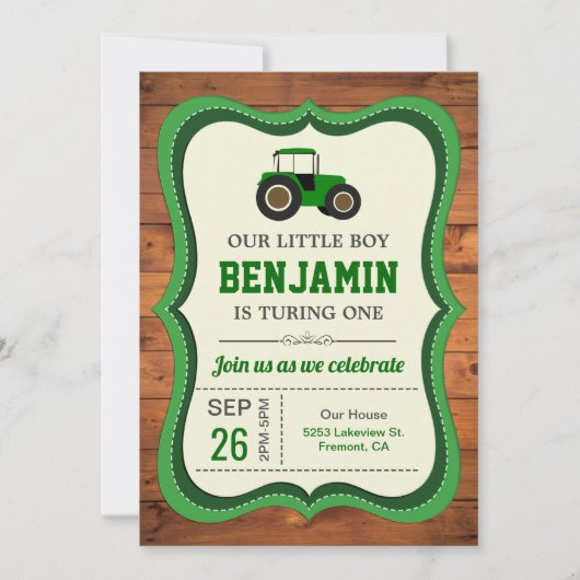 ウッドグ素朴リーンファームトラクター子供の誕生日パーティー 招待状 (正面)