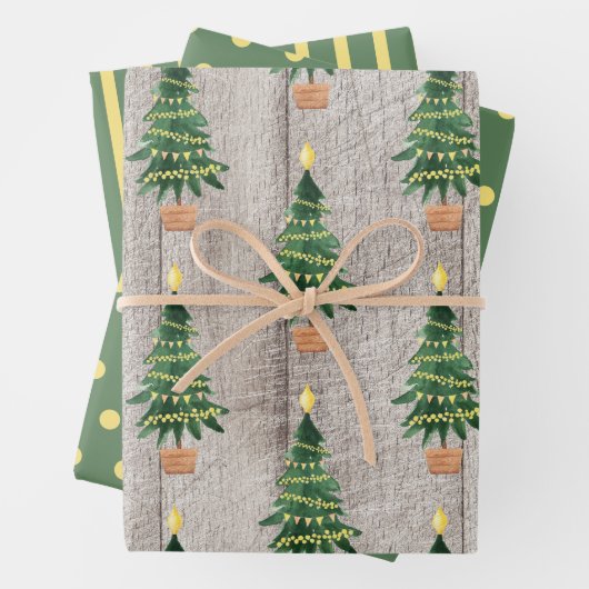 ウッドグ素朴リーン金ゴールドクリスマス水玉模様ストライプ ラッピングペーパーシート (インサイチュ)