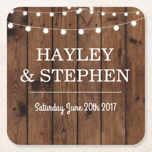 ウッドコースター素朴ライトウェディングパーティー スクエアペーパーコースター (正面)