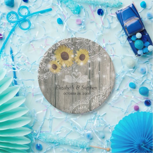 ウッドサンフラワーズレースストリングライトウェディングシャワー ペーパープレート (パーティー)