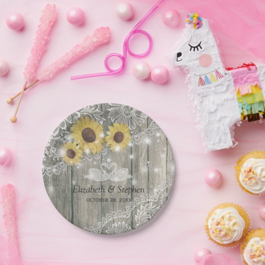 ウッドサンフラワーズレースストリングライトウェディングシャワー ペーパープレート (パーティー)