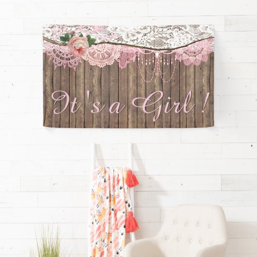 ウッドシャブ素朴ビーのシックなピンクのレース女の子の赤ちゃんシャワー 横断幕 (インサイチュ)