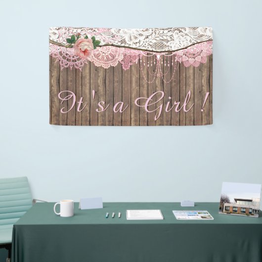 ウッドシャブ素朴ビーのシックなピンクのレース女の子の赤ちゃんシャワー 横断幕 (トレードショー)