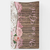 ウッドシャブ素朴ビーのシックなピンクのレース女の子の赤ちゃんシャワー 横断幕 (縦)