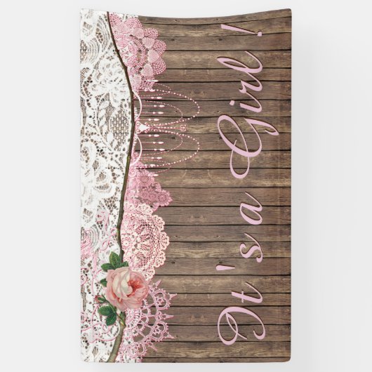 ウッドシャブ素朴ビーのシックなピンクのレース女の子の赤ちゃんシャワー 横断幕 (縦)