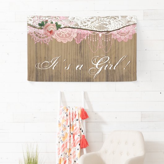 ウッドシャブ素朴ビーのシックなレース女の子の赤ちゃんシャワー 横断幕 (インサイチュ)
