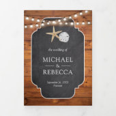 ウッドシャルボードスターフィッシュサンドドルビーチ結婚式 三つ折り招待状 (カバー)