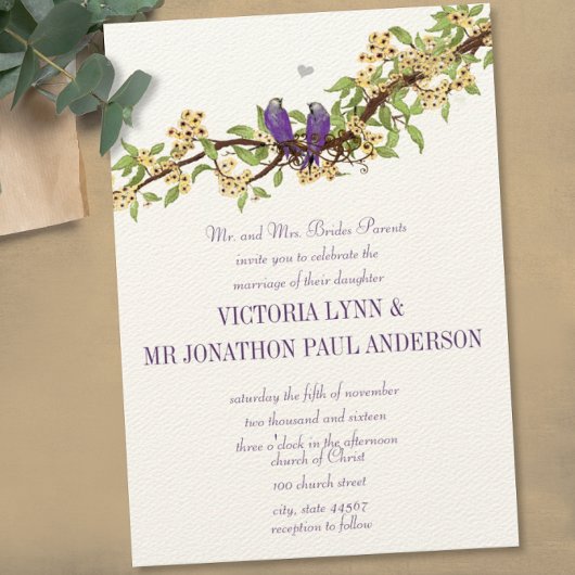 ウッドシーイエローパープルラブバード結婚式招待状 招待状