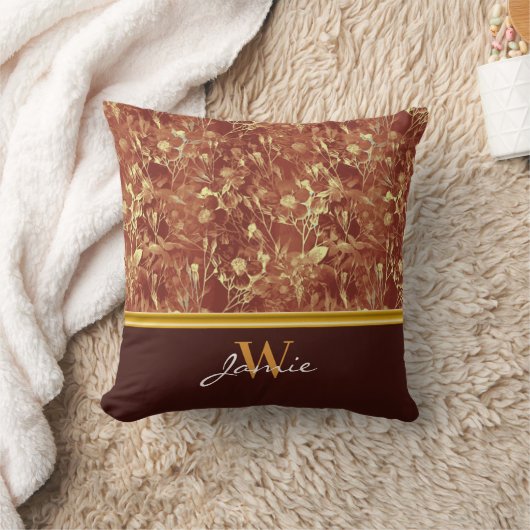 ウッドシーブラウン抽象芸術コスモス金ゴールドトリムモノグラム クッション (ブランケット)