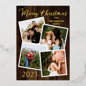 ウッドシ素朴ーフェイクウッドメリークリスマス4写真 箔シーズンカード (正面)