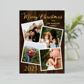 ウッドシ素朴ーフェイクウッドメリークリスマス4写真 箔シーズンカード (立ち正面)