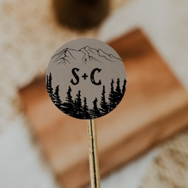 ウッドシ素朴ー山モノグラム結婚の封筒 ラウンドシール