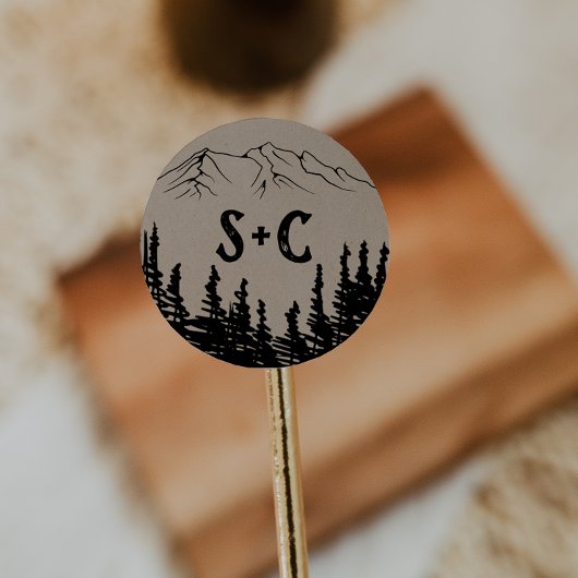 ウッドシ素朴ー山モノグラム結婚の封筒 ラウンドシール