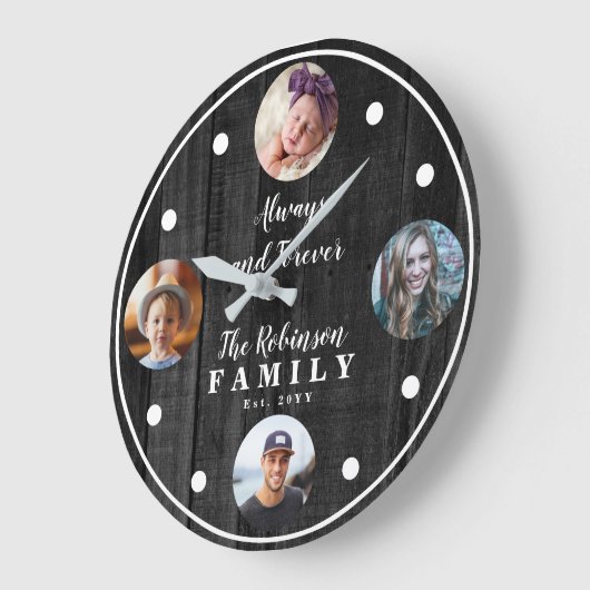 ウッドシ素朴ー4枚フォトファミリーと引用文 ラージ壁時計 (傾斜)